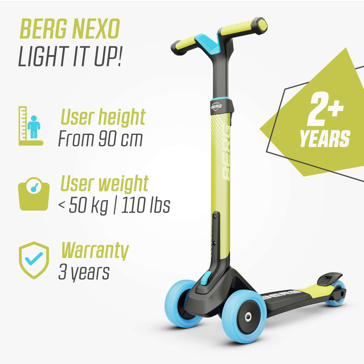 BERG Nexo Foldable 3 Wheeled Scooter Lime