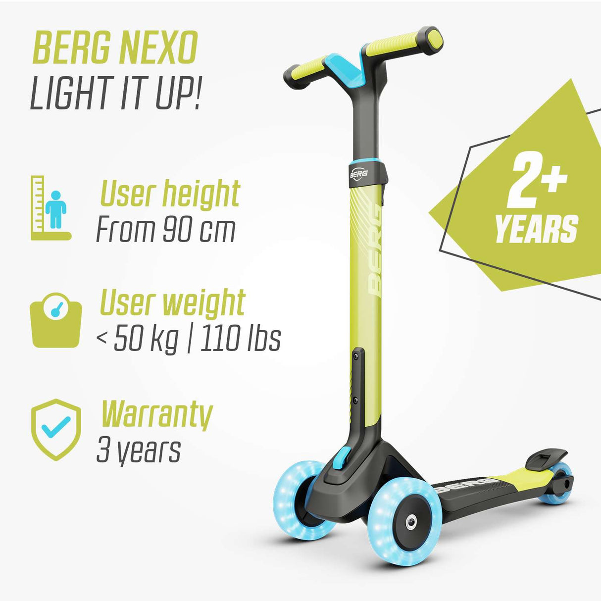 BERG Nexo Foldable Lights 3 Wheeled Scooter Lime