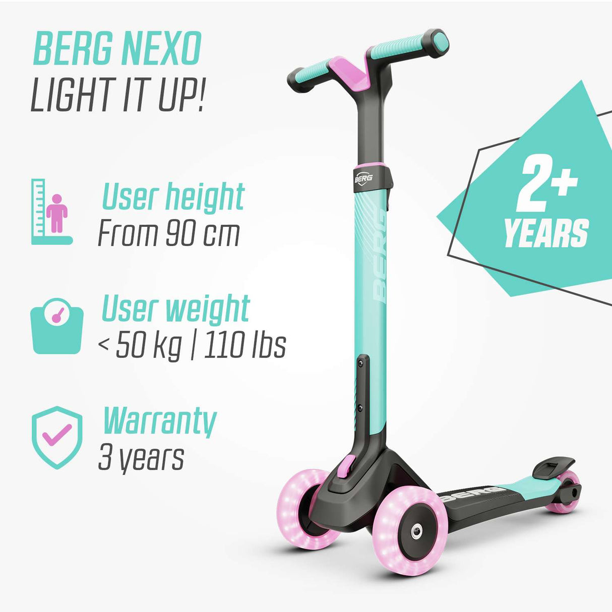 BERG Nexo Foldable Lights 3 Wheeled Scooter Mint