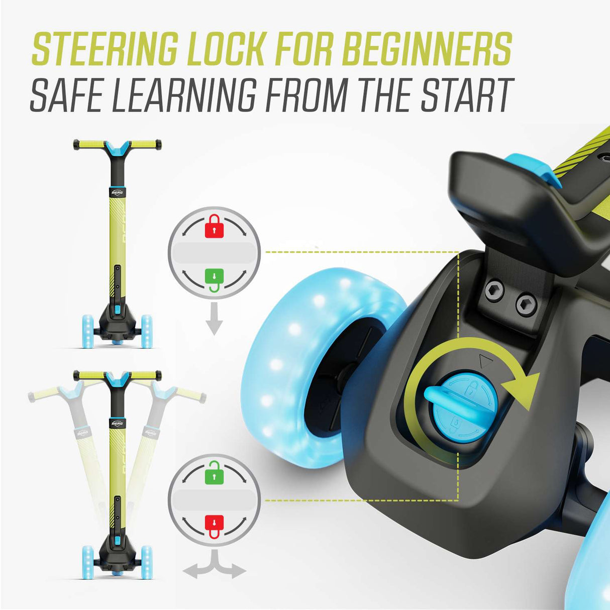 BERG Nexo Foldable Lights LED-Deck 3 Wheeled Scooter Lime