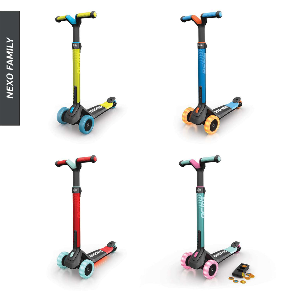 BERG Nexo Foldable Lights Magnet Deck 3 Wheeled Scooter Mint