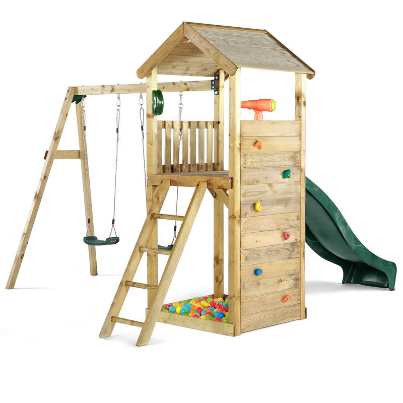 Plum Premium Wooden Lookout Tower with a 1.2m (4ft) raised platform with an angled access ladder and 2.4m (8ft) slide for a fast exit.