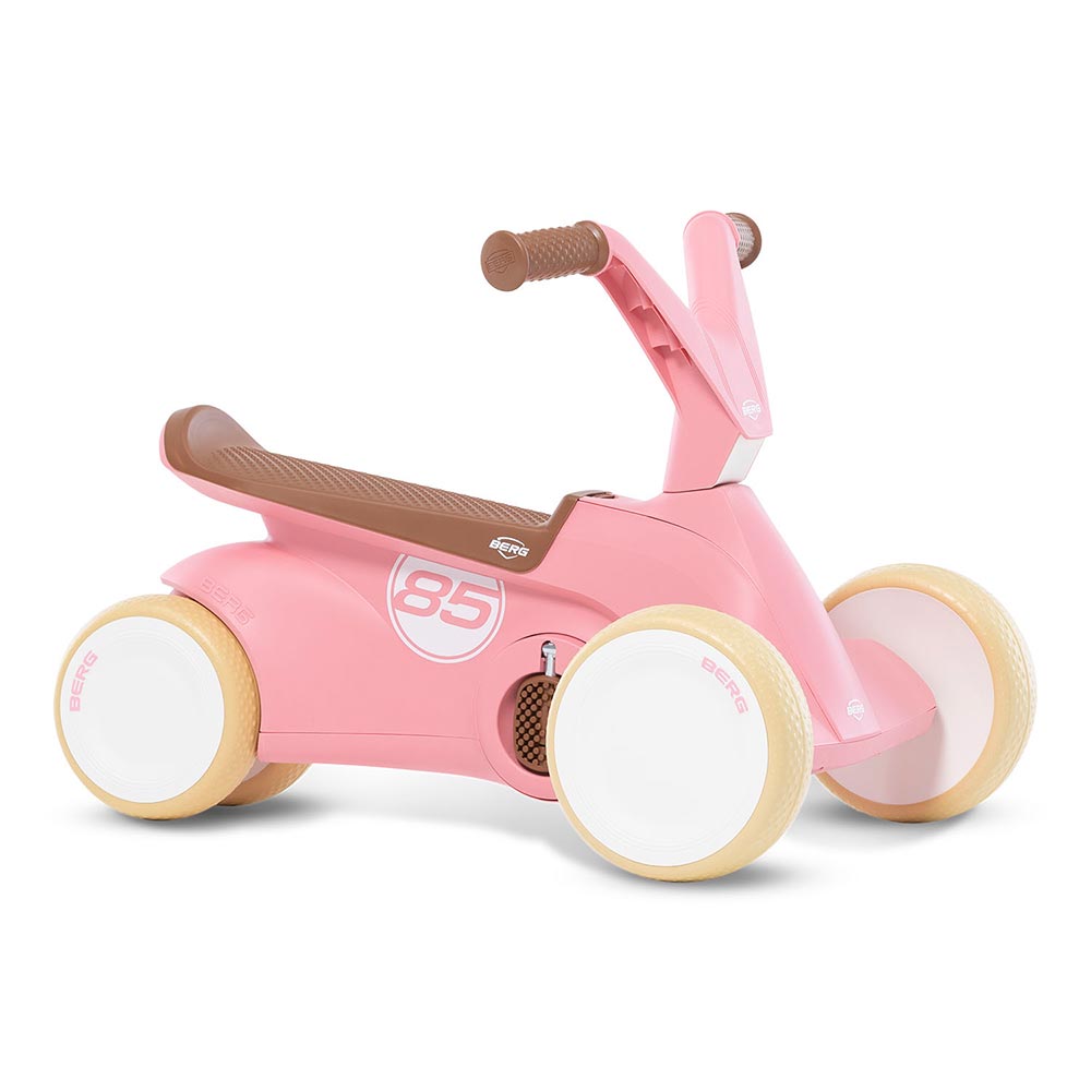 BERG Go2 Retro Pink. With the pedals up the Go2 can be used to ride around on. Fold the pedals down and you have a pedal option for older children.