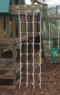 Deluxe rope ladder attached vertically. This is an old style deluxe rope ladder with wooden rungs
