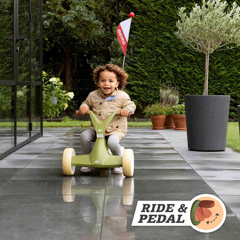 BERG Go2 Retro Pink. With the pedals up the Go2 can be used to ride around on. Fold the pedals down and you have a pedal option for older children.