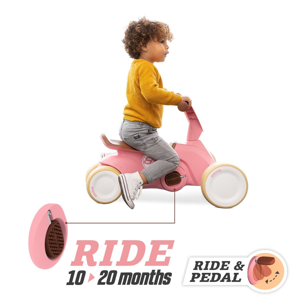 BERG Go2 Retro Pink. With the pedals up the Go2 can be used to ride around on. Fold the pedals down and you have a pedal option for older children.