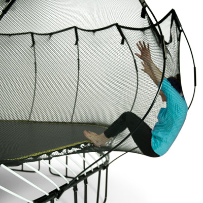 The springfree trampoline FlexiNet⢠enclosure has flexible supports to cushion jumpers and prevent falls. Because this net moves when you fall on it you are much lesslikely to fall off the trampoline by falling through the net as it tears like on standard