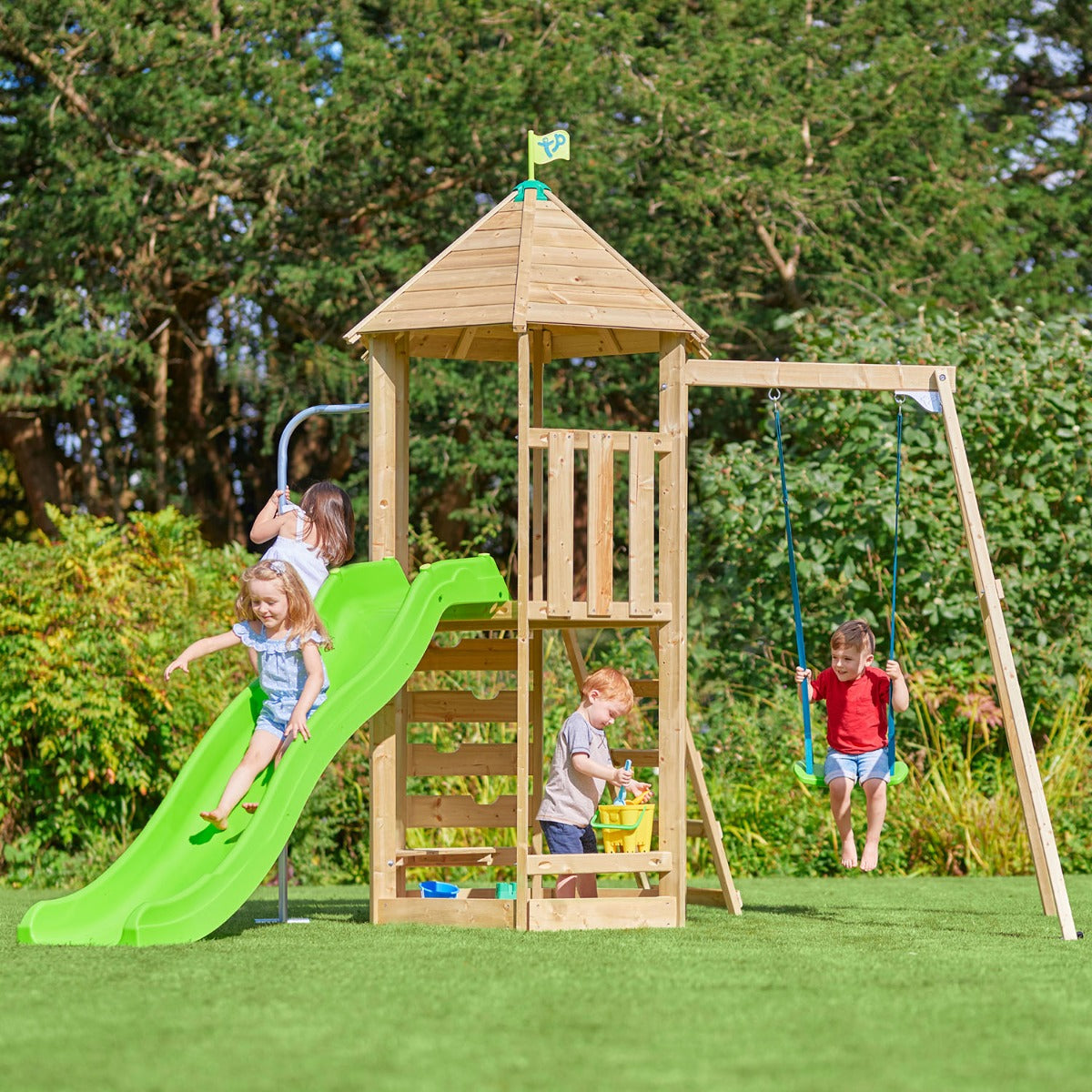 TP Castlewood Sherborne Wooden Climbing Frame with Single Swing Arm & Slide - 5021854113406