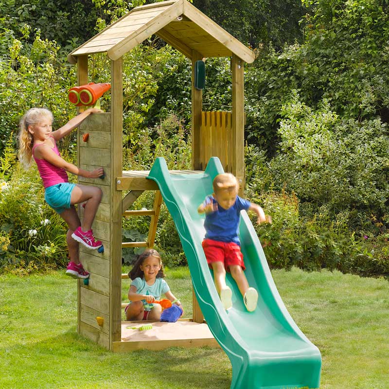 Plum Premium Wooden Lookout Tower with a 1.2m (4ft) raised platform with an angled access ladder and 2.4m (8ft) slide for a fast exit.