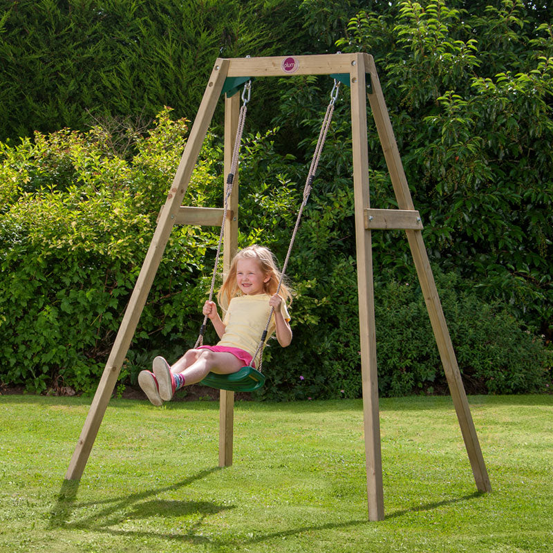 Plum wooden single swing including one moulded swing seat.