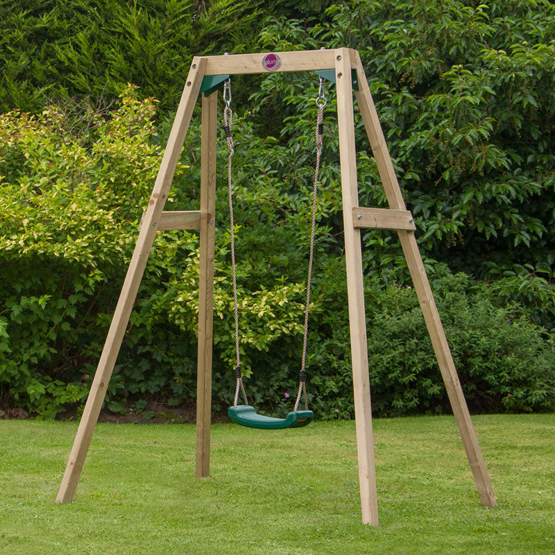 Plum wooden single swing including one moulded swing seat.