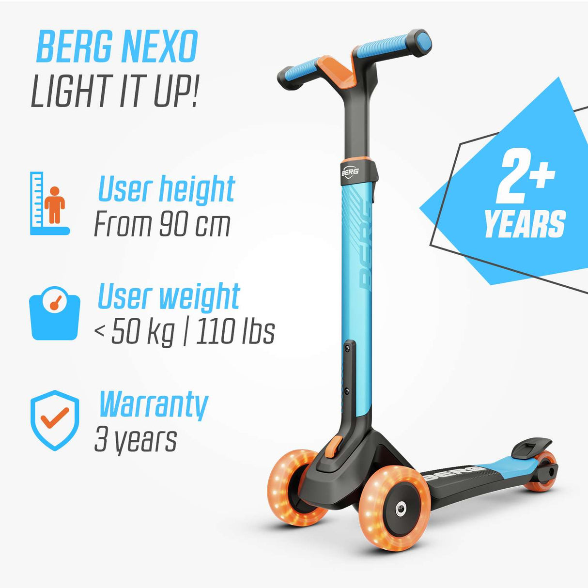 BERG Nexo Foldable Lights LED-Deck 3 Wheeled Scooter Blue