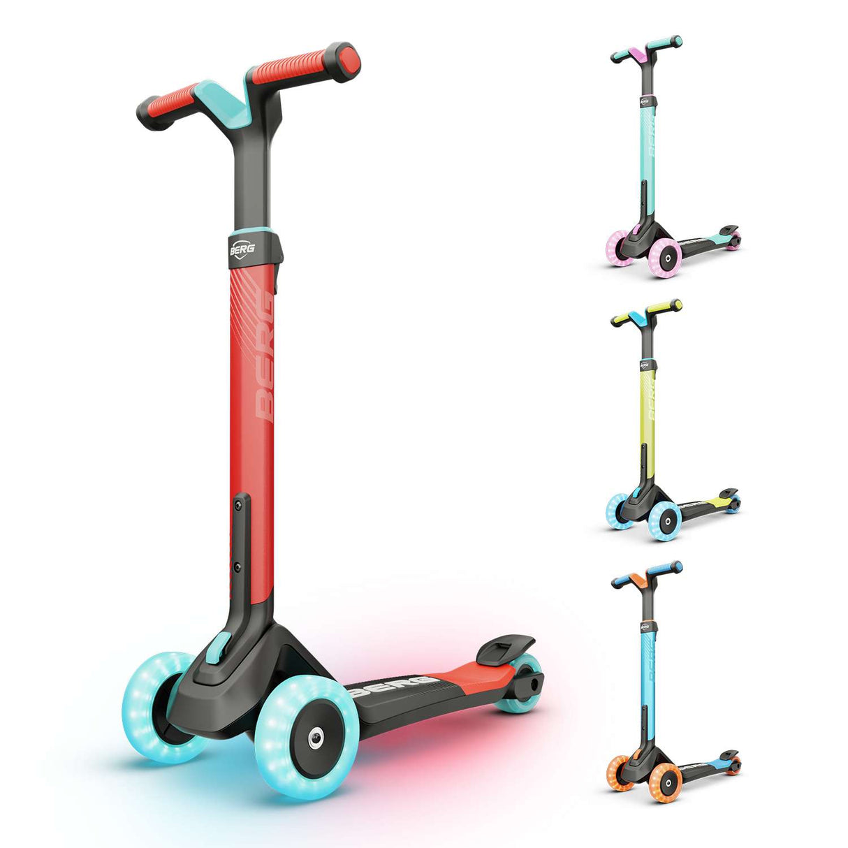 BERG Nexo Foldable Lights LED-Deck 3 Wheeled Scooter Red