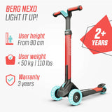 BERG Nexo Foldable Lights LED-Deck 3 Wheeled Scooter Red