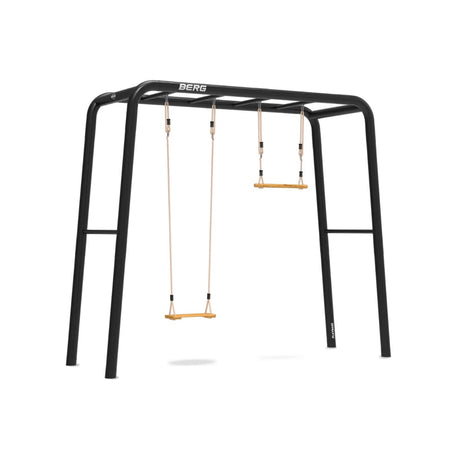 BERG Playbase Wooden trapeze shown alongside a wooden seat on a Playbase medium.