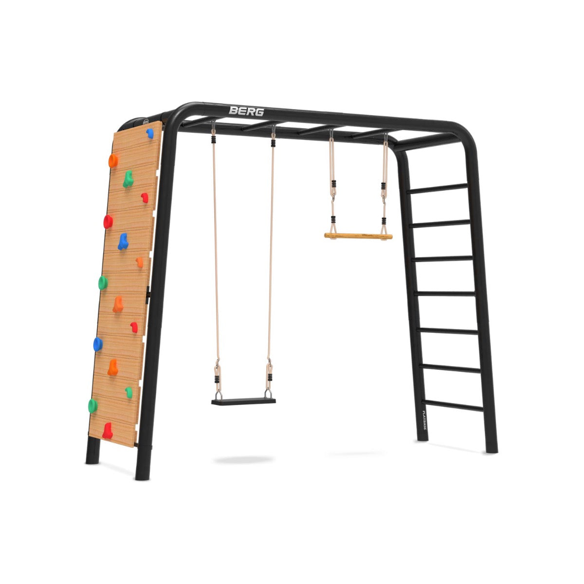 BERG Playbase Climbing wall shown on a Playbase medium with a rubber seat and trapeze.