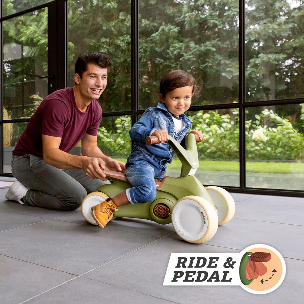 BERG Go2 Retro Pink.  With the pedals up the Go2 can be used to ride around on.  Fold the pedals down and you have a pedal option for older children.