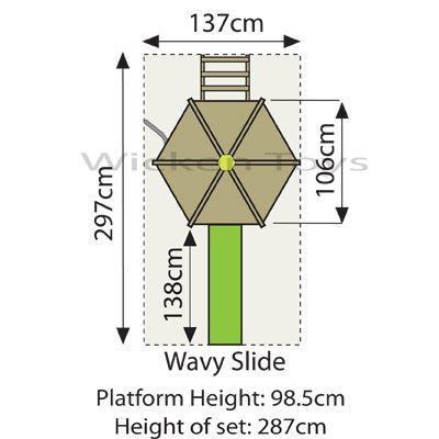 This foot print shows the dimensions for the TP Wavy slide when attached to a Castlewood tower.
