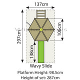 This foot print shows the dimensions for the TP Wavy slide when attached to a Castlewood tower.