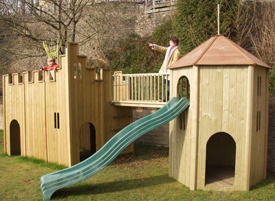 All Out Play Castle and Tower Set with slide facing infront of the set to reduce the overall size