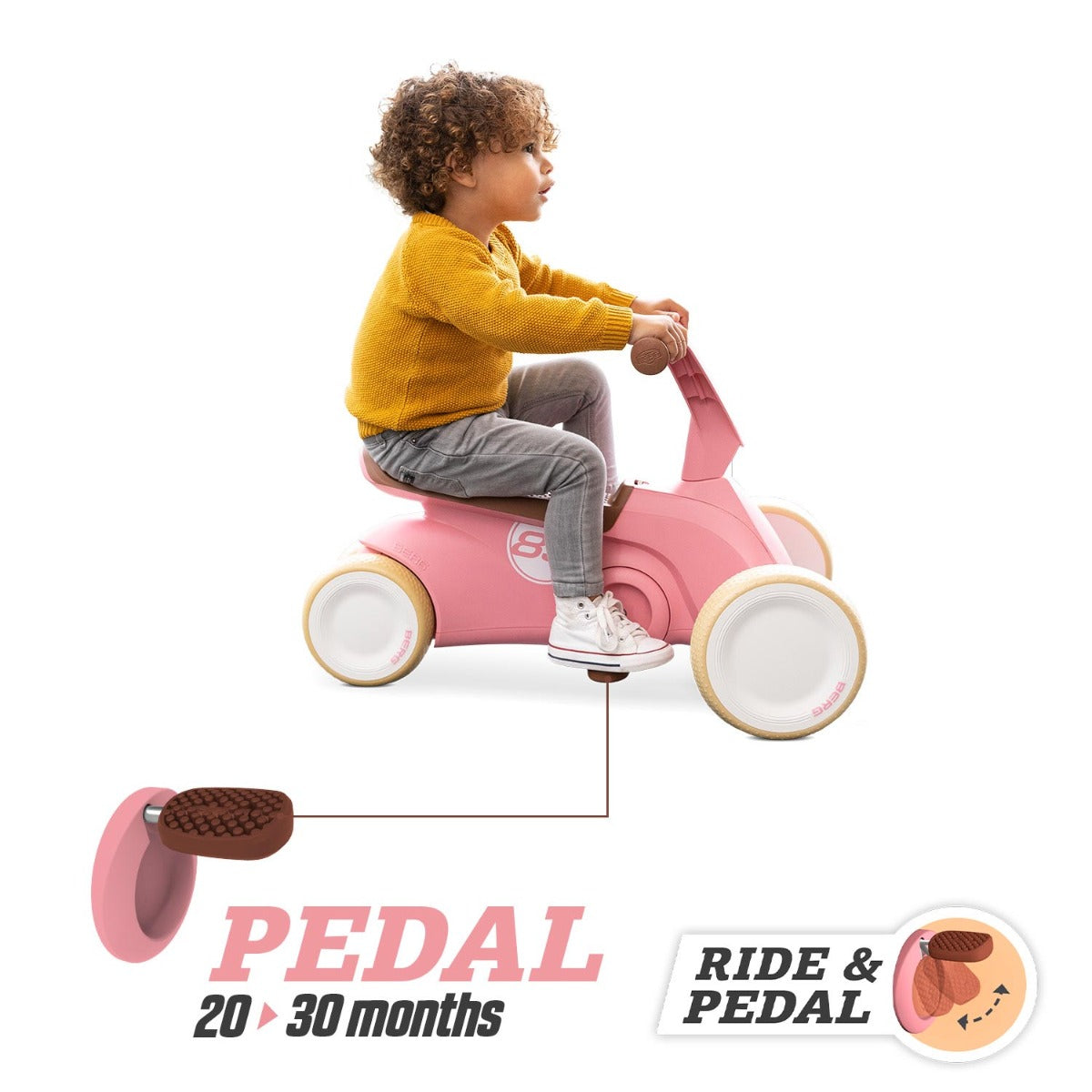 BERG Go2 Retro Pink.  With the pedals up the Go2 can be used to ride around on.  Fold the pedals down and you have a pedal option for older children.