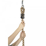 A climbing rope hangs off the hang over next to the swings.