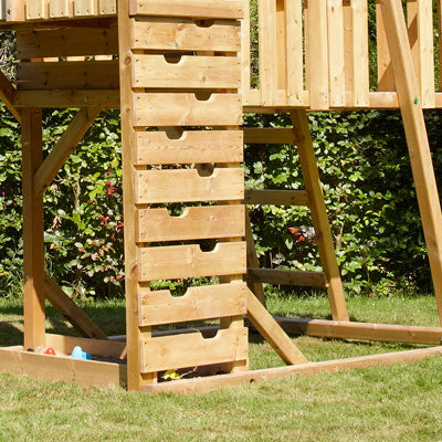 Kingswood2 climbing wall and integral sandpit in the bottom left corner