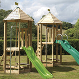 tp Castlewood Tower Wooden Climbing Frame - 5021854903403

The platform on the Castlewood tower can be fitted at either 98cm or 120cm high.  The smaller Wavy slide fits on the lower platform