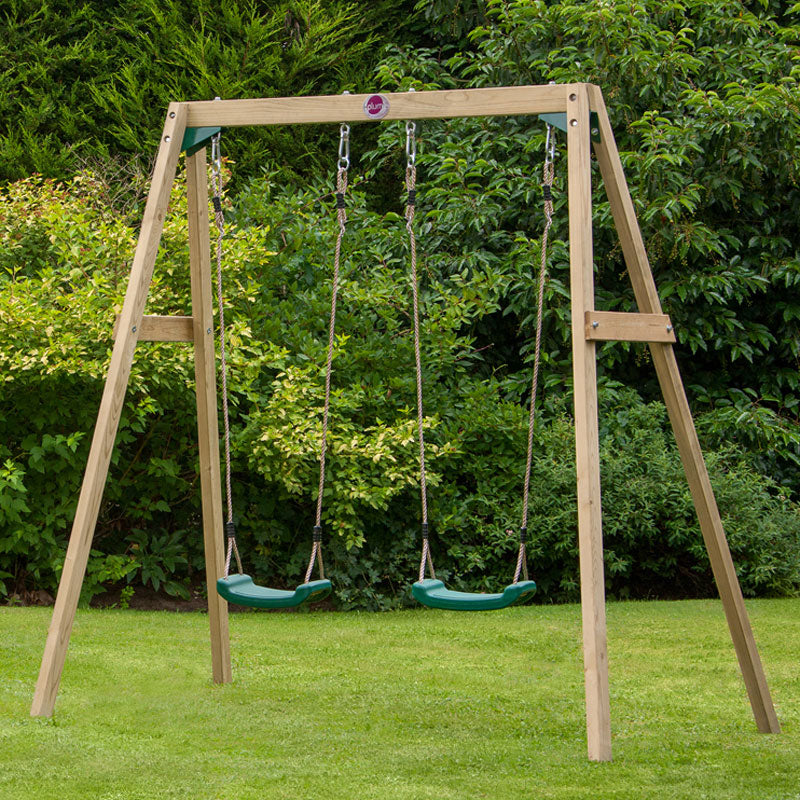 Plum wooden double swing set including 2 moulded seats