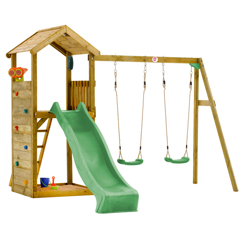 Plum Premium Wooden Lookout Tower with a 1.2m (4ft) raised platform with an angled access ladder and 2.4m (8ft) slide for a fast exit.