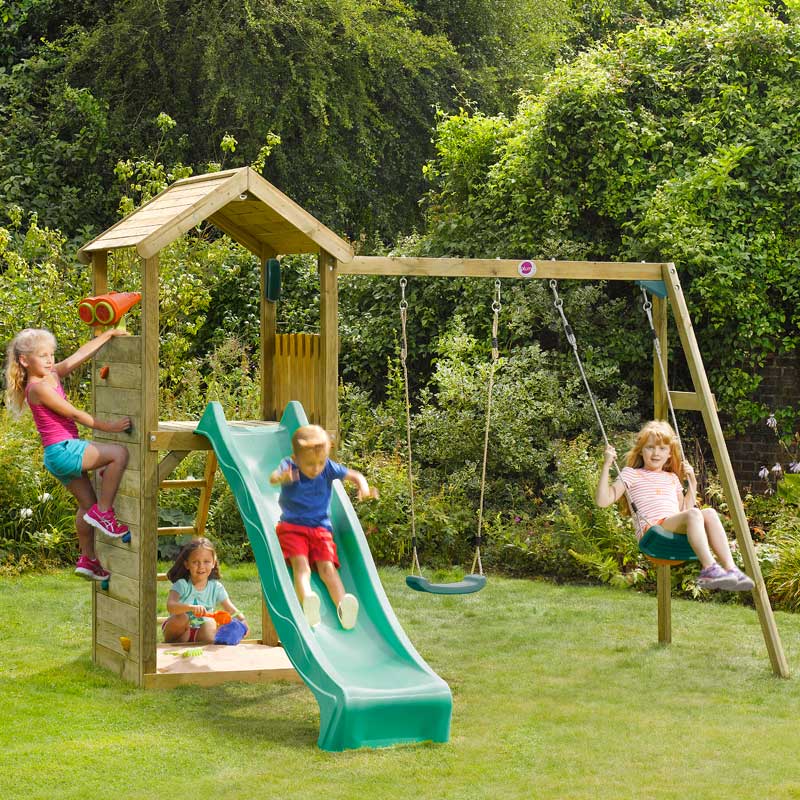 Plum Premium Wooden Lookout Tower with a 1.2m (4ft) raised platform with an angled access ladder and 2.4m (8ft) slide for a fast exit.