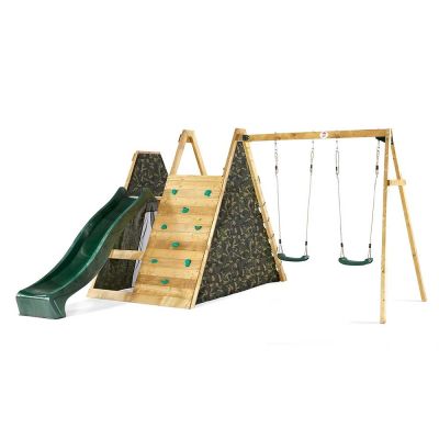 Climbing Pyramid with 2.4m (8ft) slide, rock wall, climbing net and swing section.
