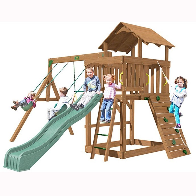 wooden climbing frame with swing and slide