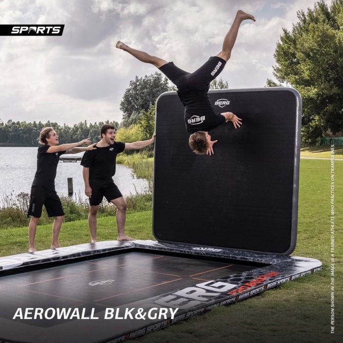 BERG Ultim Pro Bouncer FlatGround 500 with AeroWall 2x2 BERG trampoline on display Outdoor Play Equipment