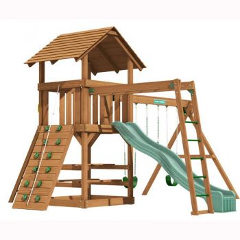 Clayton tower with Monkey Ladder, 3m (10ft) slide, 3 swinging positions, rock wall with knotted rope, access ladder with flat treads, picnic table and monkey ladder.