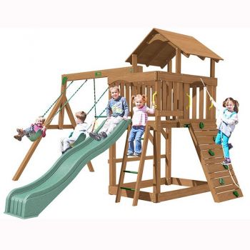 Eastport tower with slide, rock wall, access ladder, built in sandbox and 3 swings.