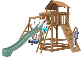 Spring Hill with 3m (10ft) slide, 3 swinging positions, rock wall with knotted rope, access ladder with textured rungs and built in sandbox.