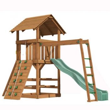 Clayton tower with Monkey Ladder, 3m (10ft) slide, rock wall with knotted rope, access ladder with flat treads, picnic table and monkey ladder.