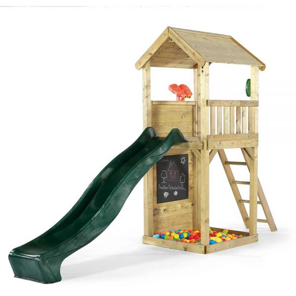 Plum Premium Wooden Lookout Tower with a 1.2m (4ft) raised platform with an angled access ladder and 2.4m (8ft) slide for a fast exit.