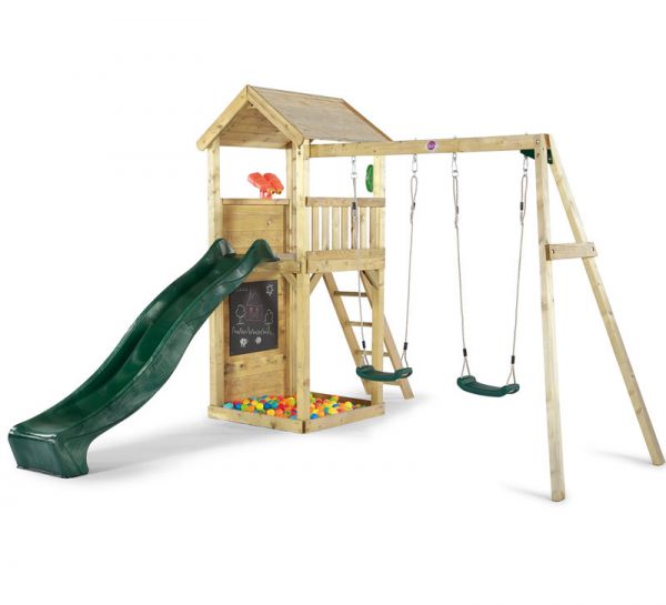 Plum Premium Wooden Lookout Tower with a 1.2m (4ft) raised platform with an angled access ladder and 2.4m (8ft) slide for a fast exit.