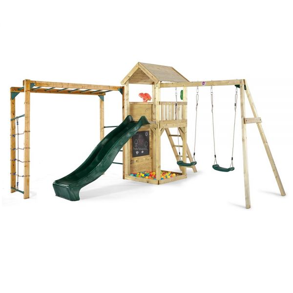 Plum Premium Wooden Lookout Tower with a 1.2m (4ft) raised platform with an angled access ladder and 2.4m (8ft) slide for a fast exit, swings and monkey ladder.