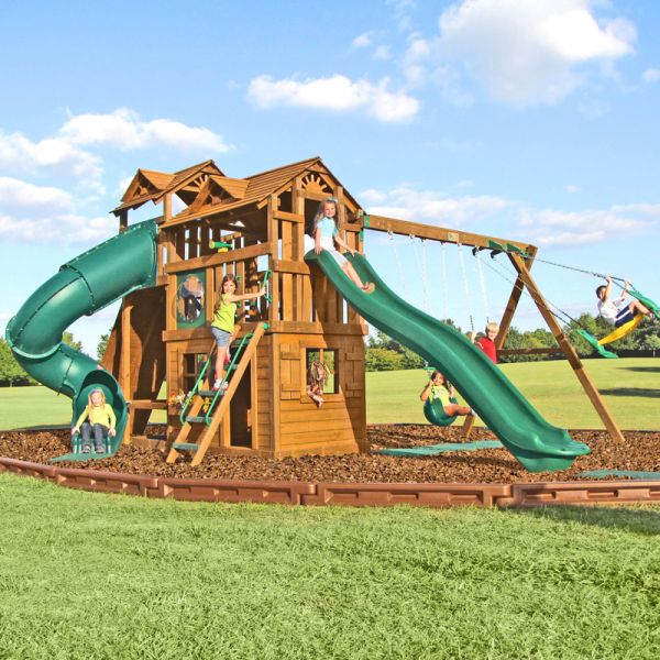 Huge 14ft swoosh slide, tall 9ft high swing section, big enclosed tube slide, tall rock wall with access to the 7ft high platform on the back and more.
