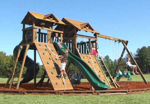 Two tall massive platforms 2 big slides, 2  large rock walls, cargo climber and the big 9ft high swing section.  This set is for the biggest kids... yes mums and dads are welcome.