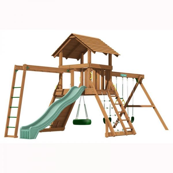 Northbridge tower with Monkey Ladder, 3m (10ft) slide, 3 swinging positions, rock wall with knotted rope, chain climber, 360 degree tyre swivel swing and access ladder with flat treads.