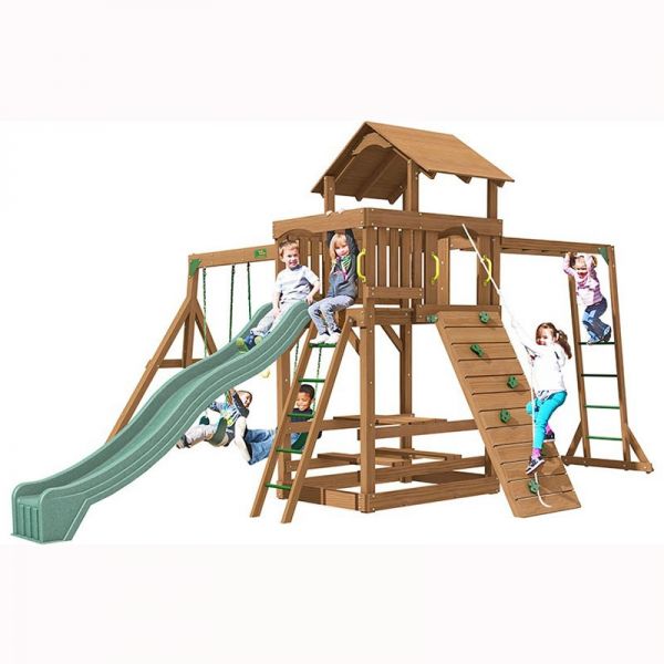 Spring Hill tower with Monkey Ladder, 3m (10ft) slide, 3 swinging positions, rock wall with knotted rope, access ladder with textured rungs, built in picnic table and 3 swings (back to back glider is an extra).