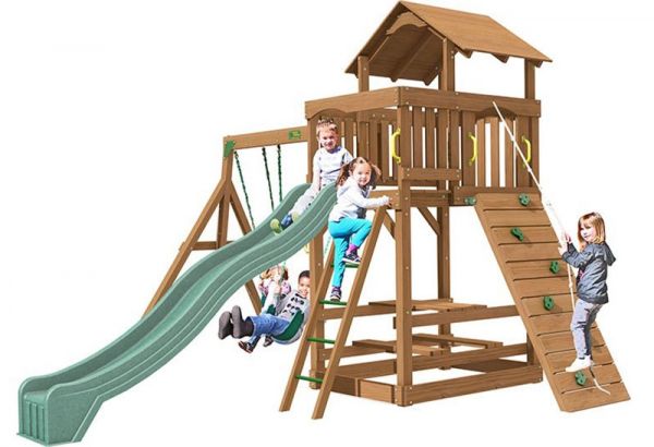 Spring Hill with 3m (10ft) slide, 3 swinging positions, rock wall with knotted rope, access ladder with textured rungs and built in sandbox.