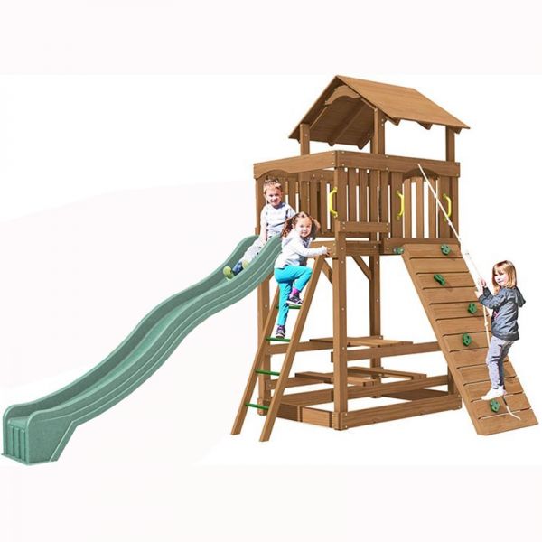 Seminole tower with 3m (10ft) slide, rockwall with knotted rope, chalkboard, access ladder with textured rungs, built in sandbox, 3 swings and O's and X's game.