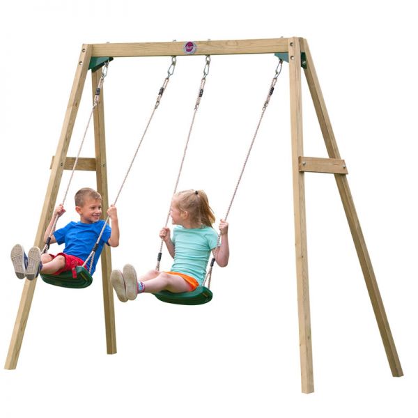 Plum wooden double swing set including 2 moulded seats