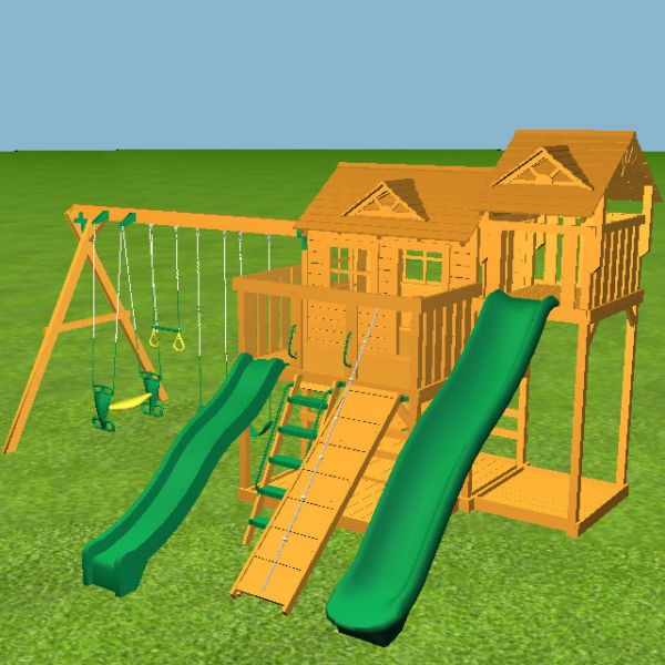The Yorktown tower has a 10ft slide and two big play platforms with playhouse.  We have then added the 7ft Skybox with 14ft slide.